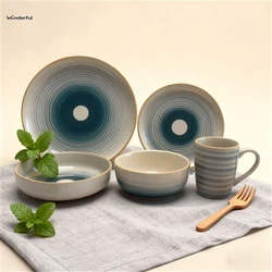 Concentric & Striped Ceramic Dinnerware Set With Brown Rim Concentric & Striped Ceramic Dinnerware Set With Brown Rim